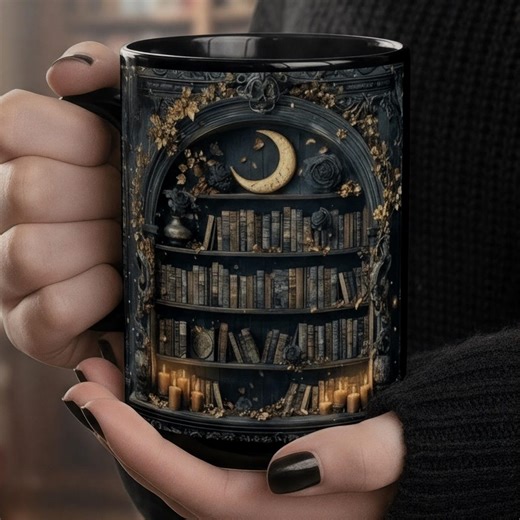 Crescent Moon Library Mug Gothic Bookshelf Art Dark Academia Reading Coffee Mug Black Ceramic 15oz - Etsy