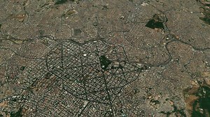 Satellite Belo Horizonte map background loop. Spinning around Brazil city air footage. Seamless panorama rotating over downtown backdrop.