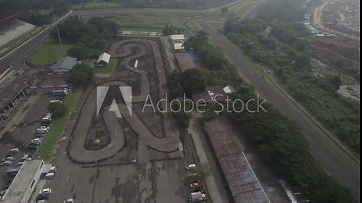 Aerial top view race kart track, Track for auto racing top view, Car race asphalt and curve grand prix street circuit, Aerial view asphalt race track.