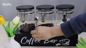 Glass Coffee Containers with Shelf Coffee Station Organizer 54oz Black Glass Coffees Bean Storage Canister with Spoon Coffee Canister Set Kitchen Food Storage Jars for Coffee/Sugar/Candy