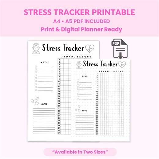 Stress Tracker Printable | Anxiety Burnout Log Mental Health Planner A4 A5 PDF