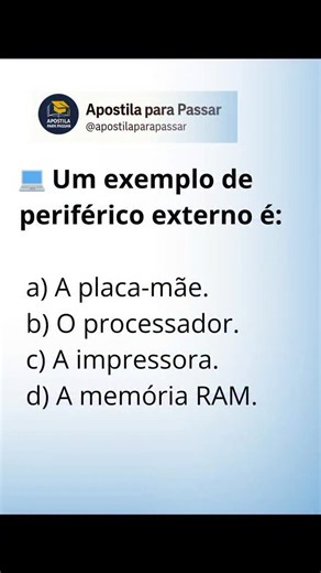 Apostila para Passar on Instagram: "✨ Informática – Módulo 2 já está disponível! Dominar informática para concurso é muito mais fácil do que você imagina — é só estudar do jeito certo. 💻💙 📘 Aproveite o valor de lançamento por R$ 9,97 e garanta a apostila completa, enquanto os módulos ainda estão sendo liberados. O preço sobe depois — então aproveite enquanto ainda está R$ 9,97! 🚀 📄 A mini-aula dessa questão está disponível para download GRATUITO para você 