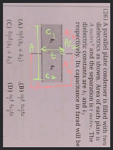 A parallel plate condenser is filled with two dielectrics as s... | Filo