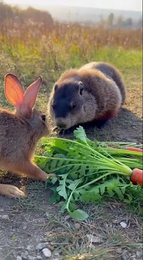 Groundhog Quietly Approaches Rabbit's Fresh Vegetable Pile