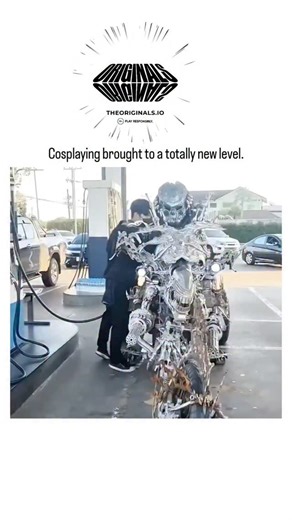 trendpluse_offical on Instagram: "The video depicts a rider in a highly detailed scrap-metal Predator alien cosplay arriving at a gas station on a matching customized motorcycle, interacting casually with a police officer before dismounting to reveal the suit's intricate, functional mechanics. Created by an anonymous artisan using welded junk parts, this wearable sculpture exemplifies kinetic art, blending cosplay with engineering to mimic the creature's menacing yet mobile form from the 1987 fi