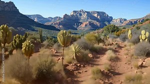 Desert dirt path leading through arid terrain with towering mountains in the background, A rugged desert landscape with towering red rock formations and cacti along the trail