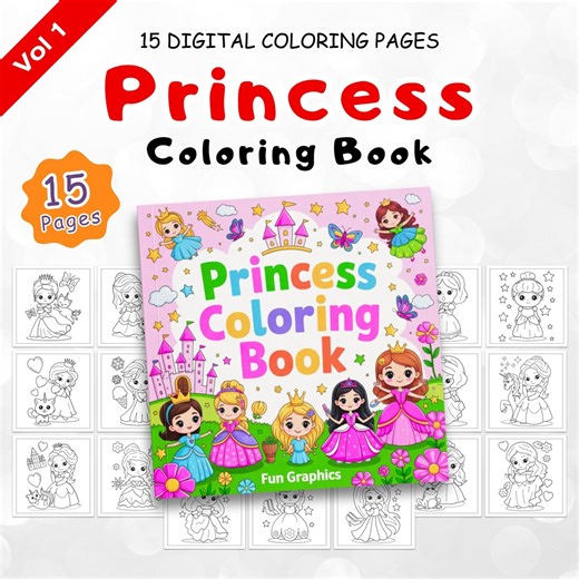 Princess Coloring Book for Kids | 15 Cute Princess Coloring Pages | Fun Printable Activity for Girls | Instant Download PNG Bundle | - Etsy