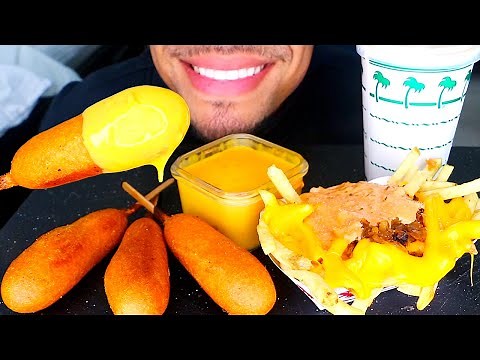 ASMR CRISPY CRUNCHY CORN DOGS ANIMAL STYLE CHEESE FRIES MILKSHAKE ICE CREAM MUKBANG EATING NO TALKIN