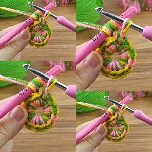 I made a very easy crochet flower seed arrangement with colorful threads #crochetflower #crochet #knitting | Aslı ile sanatsal tasarımlar