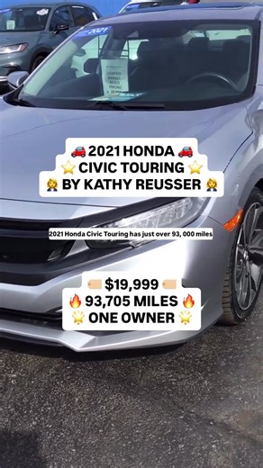 Kathy Reusser presents a 2021 Honda Civic Touring Stock# ME002019A with 93,705 miles. This Honda True Used, one-owner sedan is powered by a 1.5L turbocharged engine, delivering a perfect balance of performance, efficiency, and premium features. Key Features: ⚙️ 1.5L Turbocharged Engine 🖤 Heated Leather Seats 🌙 Power Moonroof 🧭 Built-In Navigation 🎮 Oversized Touchscreen Display 📷 Rear Backup Camera 🔘 Push Button Start 🚀 Factory Remote Start 📶 Bluetooth Connectivity 🎛️ Steering Wheel Mou