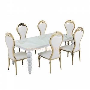 [Hot Item] Glass Dining Table Clear Tempered Glass Top Solid Wood Base Golden Long Rectangular Table Dining Set with 12 Person for Restaurant Wedding Banquet Hotel Hall