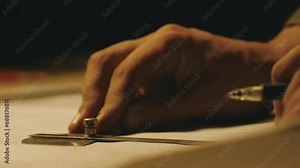 Hands of male engineer works with drawings lying sketch on steel table in dark workshop, using a pen. Drawing indoors on new product prototype. Close up, 4K