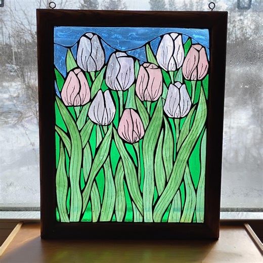 Pink Tulip Stained Glass Mosaic Panel: Spring Flower Art for Window - Etsy
