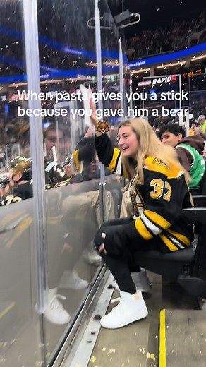 Pasta Giving Bear a Stick: Boston Bruins Hockey Fun