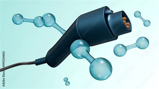 A 3d animation of a nozzle or power plug surrounded by hydrogen molecules, metaphor for the transition to clean energy and hydrogen fuel technology.