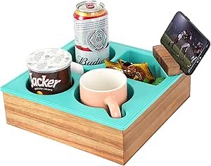 Couch Cup Holder Tray, Handy Soft Silicone Acacia Wooden Couch Caddy for Bed Car Seat Beach Organizer, Waterproof Anti-Spill Sofa Cup Holder for Snacks Beverage Remote (Green)