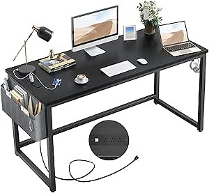 Foxemart 47 Inch Computer Desk with Magic Power Outlets and USB Charging Ports, Sturdy Modern Office Desks with Storage Bag and Hook, PC Laptop Study Writing Table, Simple Gaming Desk, Black