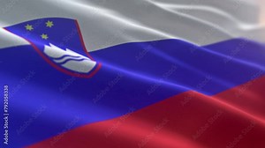 White Blue And Red Slovenia Flag Evokes National Pride And Unity. Fluttering In WInd Slovenia Country Flag. National Patriotism Symbol. Tricolour National Flag Of Slovenia With Coat Of Arms