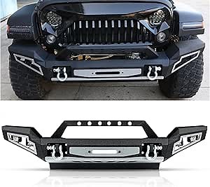 Front Bumper Fit for Jeep Wrangler JK JKU 2007-2018, DIY Painting Heavy Duty Steel Front Bumper w/Winch Plate Skid Plate 4 Lights 2 D-Rings