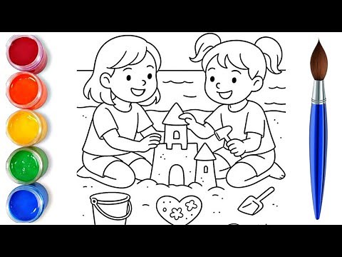 How to draw easy cute two girls playing at beach | easy drawing step by step for kids