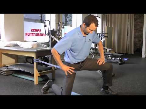Hip Self-Mobilization w/ Superband: Kneeling Abduction with posterior glide and manual medial glide