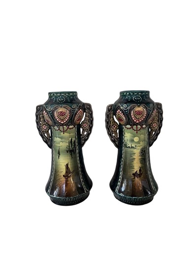 Antique Pair of Polychrome Slipware Vases, Art Nouveau Ceramic, Hand-painted Landscape Decoration, Late 19th Century - Etsy