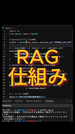 【OpenAI API】1分でわかる！ライブラリ不要の「最小 RAG」実装法 🧠 #Python #AI #RAG #OpenAI #プログラミング