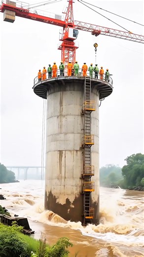 A Calm Crane vs a Violent River — Lighthouse Installation Process on Flood #construction#engineering