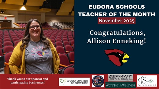 Congratulations to Allison Enneking, our November Teacher of the Month! 🌟 Allison is a true rock star who pours her heart and soul into our students every single day. She devotes countless hours—many of them unseen—to creating opportunities for our music department. Our students succeed in choir because of her dedication, passion, and expertise. Allison is not only an exceptional teacher, but also a valued and deeply appreciated member of our school district. Thank you to the Eudora Chamber of 