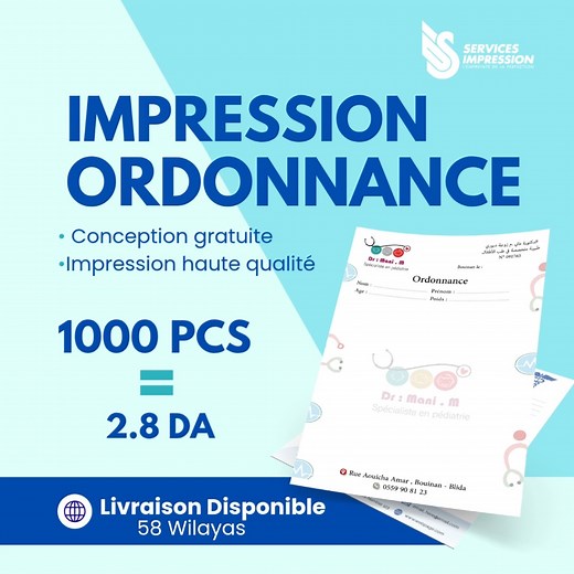 PROMO EXCEPTIONNELLE MÉDECINS & DENTISTES ! 💥🦷 📄 ORDONNANCES & FEUILLES DE SOINS & Carte RDV personnalisées et prêtes à l’emploi ! 🚀 Ce que vous gagnez : ✅ Conception gratuite ✅ Impression premium qualité ✅ Livraison rapide – partout en Algérie 🕒 Offre limitée – jusqu’à fin du stock ! 🎯 Ne ratez pas cette occasion de donner une image plus pro à votre cabinet. 📲 Commandez maintenant par appel, message ou WhatsApp : 0541 47 64 15 📧 infoisoprint@gmail.com | ISO PRINT