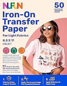 NuFun Activities Printable Iron-on Heat Transfer Paper for T Shirts, Light Fabrics, 50 Sheets 8.5 x 11 inch, Long Lasting, Durable, Professional Quality, Easy DIY, Non-Toxic, Made In the USA