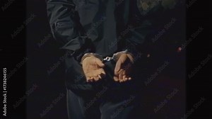 Vintage policeman leading a Handcuffed Hands covert footage with Retro VHS Effect - 80s 90s Crime Scene, Classic Police. Detention of the dangerous criminal accused man. Law Enforcement Surveillance