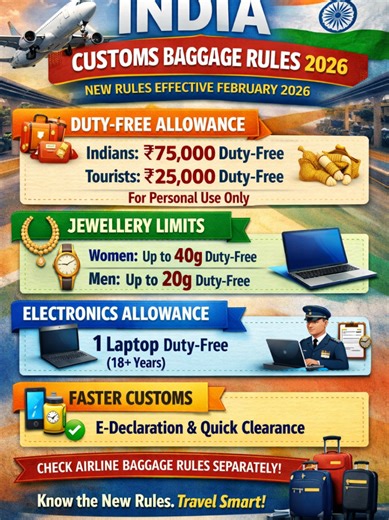 🇮🇳 BIG UPDATE: India Customs Baggage Rules 2026 Explained ✈️🧳 The Government of India has officially notified new Customs Baggage Rules, 2026, bringing major relief for international travellers. The updated rules came into effect in February 2026, replacing the older baggage norms. Here’s everything you need to know ⬇️ 💼 Duty-Free Allowance Increased Indian residents & Persons of Indian Origin (PIOs) returning to India can now bring goods worth up to ₹75,000 duty-free (earlier ₹50,000). Fore