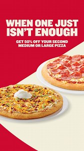 A deal for anyone who likes extra pizza. Order a medium or large pizza for takeout or delivery and get a second 50% off. | Boston Pizza
