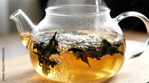 Hot water pouring into clear glass teapot with dry tea leaves, steeping and infusing to create hot beverage.
