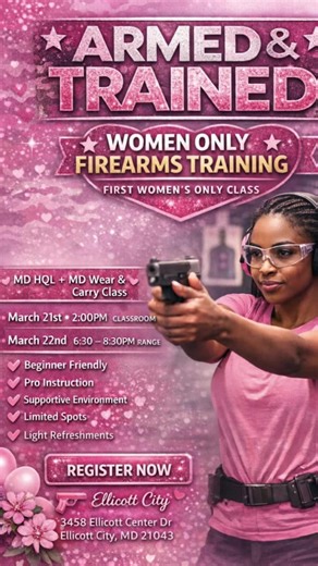 She’s not just cute—she’s capable. 💪🏽💖 Join our FIRST Women-Only Firearms Training in Ellicott City and learn MD HQL MD Wear & Carry in a supportive, beginner-friendly environment. ✨ Pro instruction ✨ Safe, welcoming space ✨ Limited spots light refreshments 📍 Ellicott City, MD 🗓️ March 21 (Classroom) & March 22 (Range) 🔗 Register now — spots are limited!