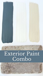 Exterior Details 👉🏼▪️Main: BM Blue Note is a deep, moody navy blue that is a stunning choice for a main body color or even as an accent on doors or shutters.▪️Trim: BM Cloud White is the perfect soft, warm white for trim, offering just enough warmth to keep things inviting without looking too creamy.▪️Accents: BM Grant Beige is a timeless, warm greige that works perfectly for siding or other exterior details. ▪️Brick: @oldmillbp Olympus ♥️Need more exterior paint combo inspo? Follow Simplee DI