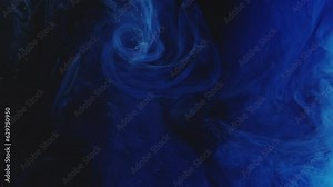 Ink water drop. Color smoke splash. Reveal effect. Blue fume cloud explosion wave motion on dark black abstract art background.