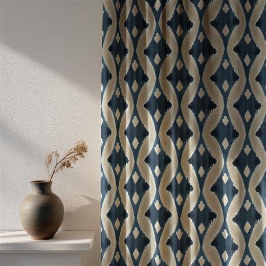 Navy Ikat Curtain Panel, Blue Beige Diamond Pattern Window Drape, Modern Boho Living Room Bedroom Decor, Neutral Geometric Window Treatment - Etsy