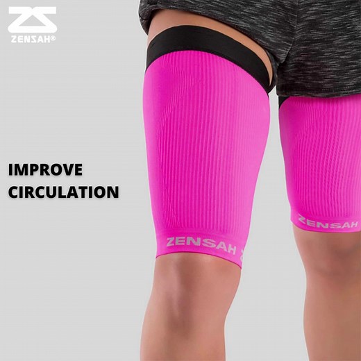 How can Zensah’s Compression Thigh Sleeve help your athletic performance? ✅ stabilize and support the quad and hamstring muscles ✅ improve blood circulation ✅ decrease muscle recovery time ✅ reduce muscle vibration and prevent microtears of the muscle. With all these benefits, plus staying in place and a full range of motion, the thigh compression sleeve is a great product to use during training and after for recovery. | Zensah