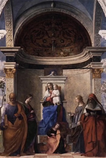 San Zaccaria Altarpiece Artist: Giovanni Bellini Date: 1505 Medium: Oil on panel Location: San Zaccaria · Venice Art Period: Venetian Renaissance Academic Description: The San Zaccaria Altarpiece is one of Giovanni Bellini’s most celebrated works and a masterpiece of the Venetian Renaissance. The composition depicts the Virgin Mary enthroned with the Christ Child beneath a monumental architectural apse, surrounded by saints arranged in a calm and balanced sacra conversazione. An angel seated at 