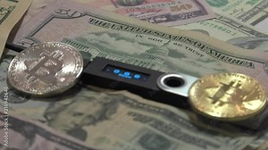 A mobile wallet connected to a computer via USB lies on over dollar bills. Golden Bitcoin, Litecoin and other cryptocurrencies coins.