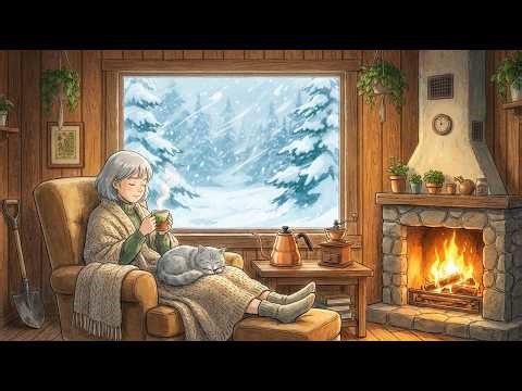 Cozy Winter Cabin in a Blizzard ❄️ Fireplace, Coffee & Cat Purring ASMR | Ghibli Reverie Nook