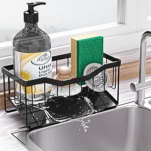 Vanwood Sponge Holder for Kitchen Sink with Auto Draining Tray, Sink Caddy Kitchen Sink Cocina Organizer, Self Drain Dish Soap Sponge Caddy for Counter | Kitchen Sink, Cocina Organizer, Self Drain, for Counter