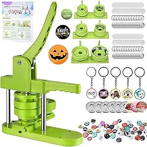 Button Maker Machine Pin Maker 1''+1.25''+2.25'' Button Making Supplies, DIY 300 Pinback Button/10 Keychain Badge/10 Bottle Opener Button/10 Flat Badge for Christmas Party (Green, 1''+1.25''+2.25'')