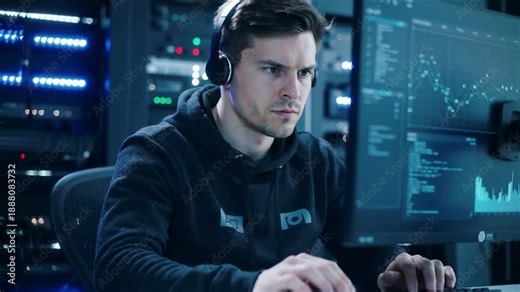 Cybersecurity specialist monitoring network traffic on multiple screens in data center. Panning shot of IT professional at work.