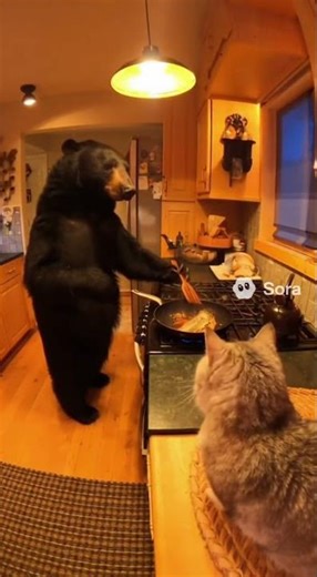 🔥 A Bear Cooking Fish for My Cat at Home?!#BearCooking #CatAndBear #FunnyAnimals #CaughtOnCamera