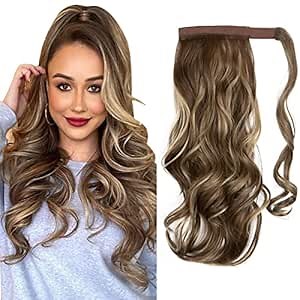 CJL HAIR 18" Long Ponytail Hair Extension Wrap Around Pony Tail Clip in Curly Wavy Synthetic Fake Hairpiece for Women Ash Medium Brown/Ash Blonde