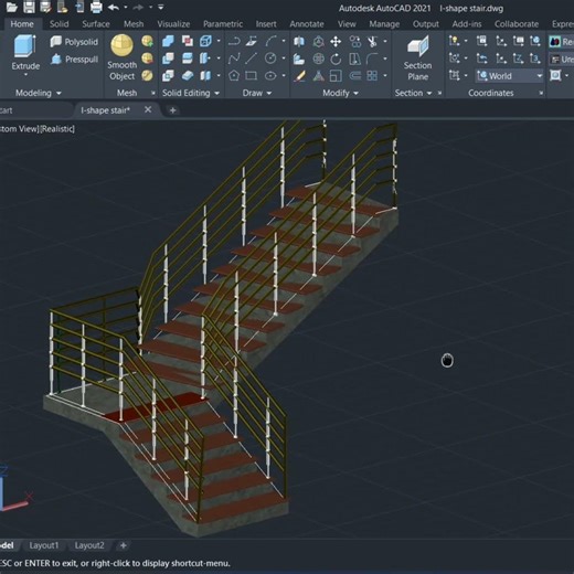 AutoCAD Stair Design 🔥 | L Shape 3D Model with Railing #autocad#stairdesign#stair#2d#3d#L-Shapestair