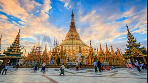 4K Timelapse of Shwedagon pagoda at night in Yangon. Landmark of Myanmar